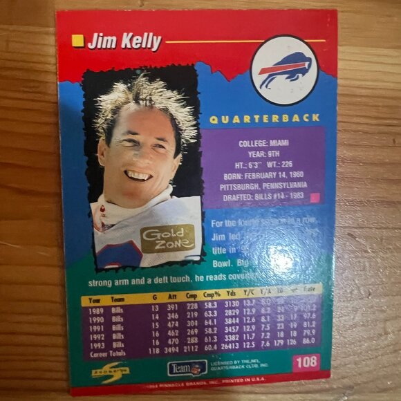 1994 Score #108 Jim Kelly Gold Zone Buffalo Bills Card - Picture 2 of 2